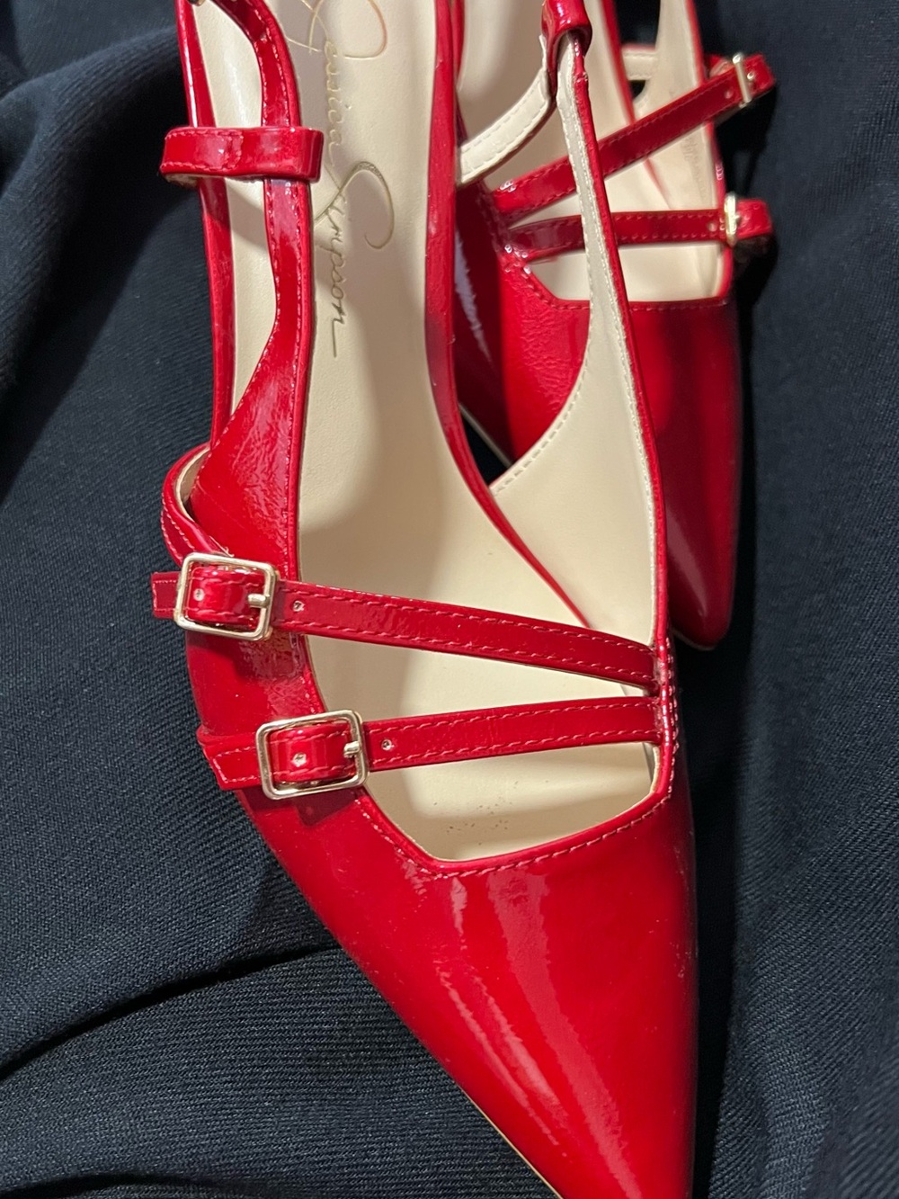 Jessica Simpson Red Patent Pointed-Toe Double-Strap Slingback Heels